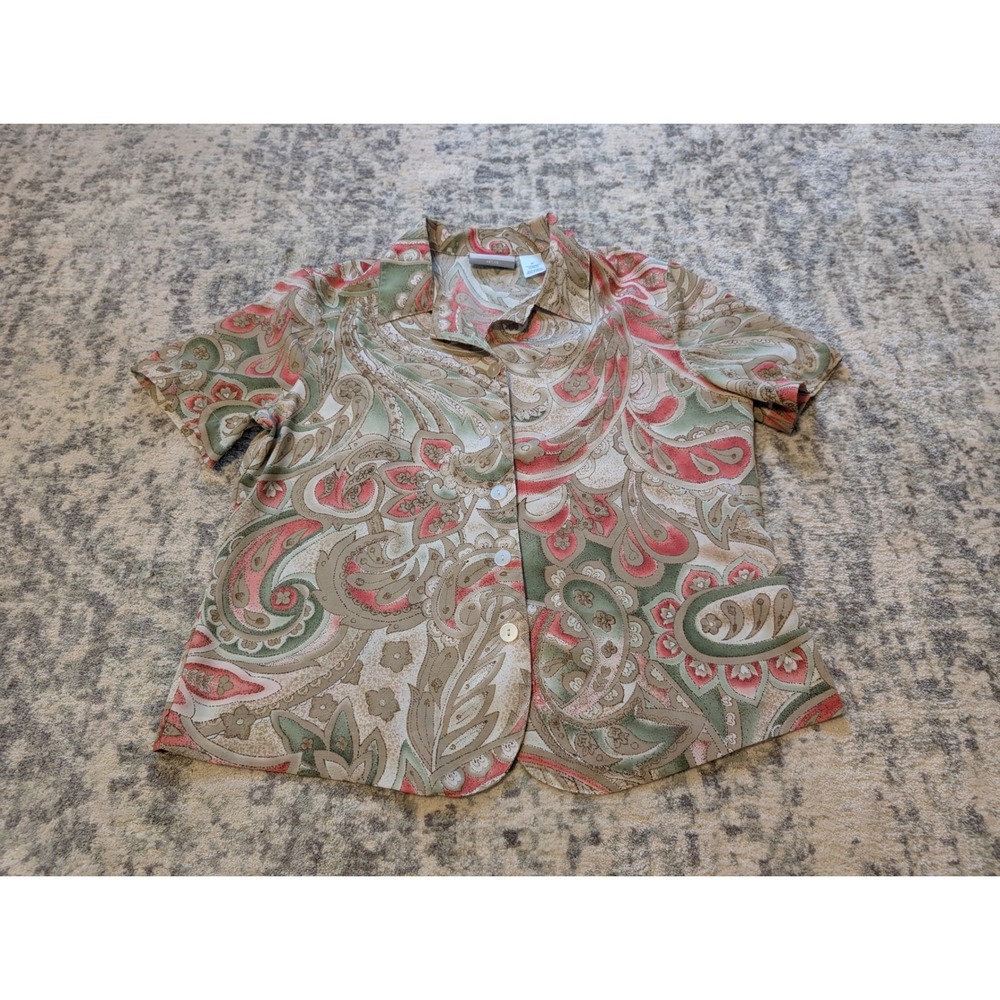 Alfred Dunner Paisley Button Front Blouse Short Sleeve Top Women's Petite Medium